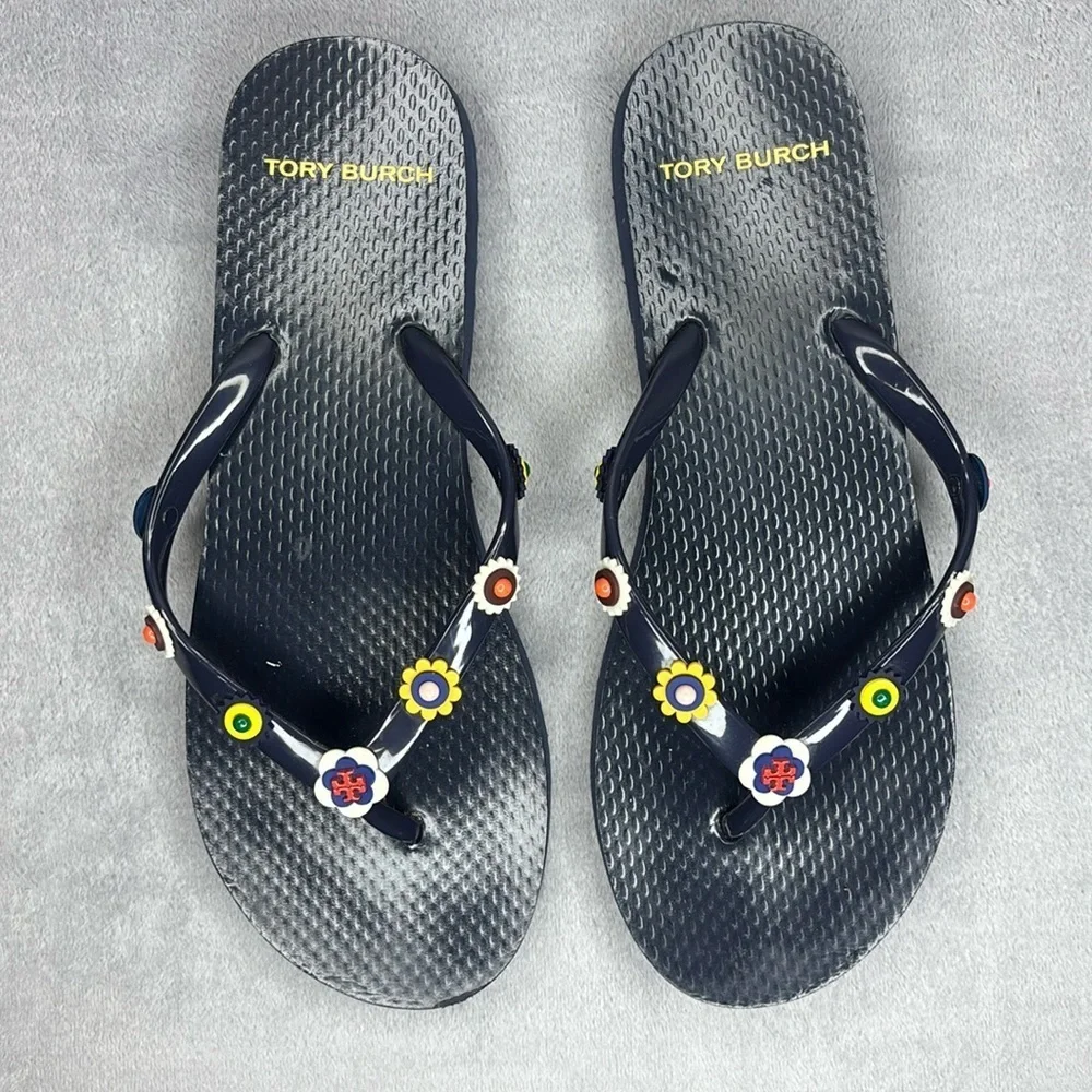 Tory Burch Marguerite Floral Charm Flip Flops Navy Size 6-7